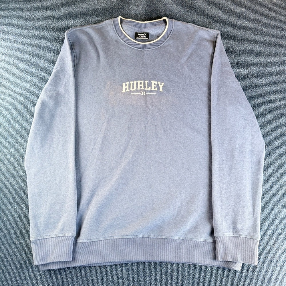 Hurley Mens XL‎ Blue Crewneck Sweatshirt Logo Graphic Fleece Pullover Faded Surf